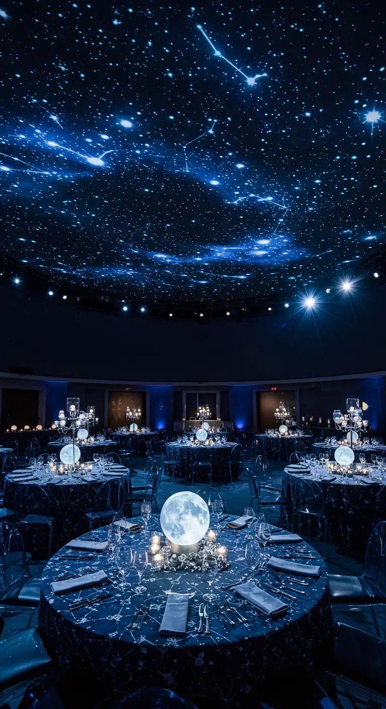 Dinerssetting met sterrenhemelprojectie aan het plafond en maanvormige centerpieces.
