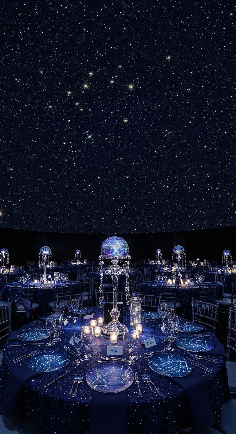 Bruiloftsreceptie met een sterrenhemelprojectie, donkerblauwe tafels en constellatie-thema decor.