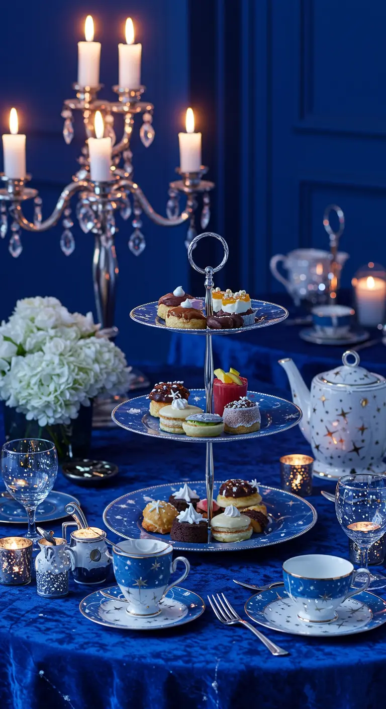 Magische high tea setting met donkerblauw tafelkleed, servies met sterren en veel kaarslicht.