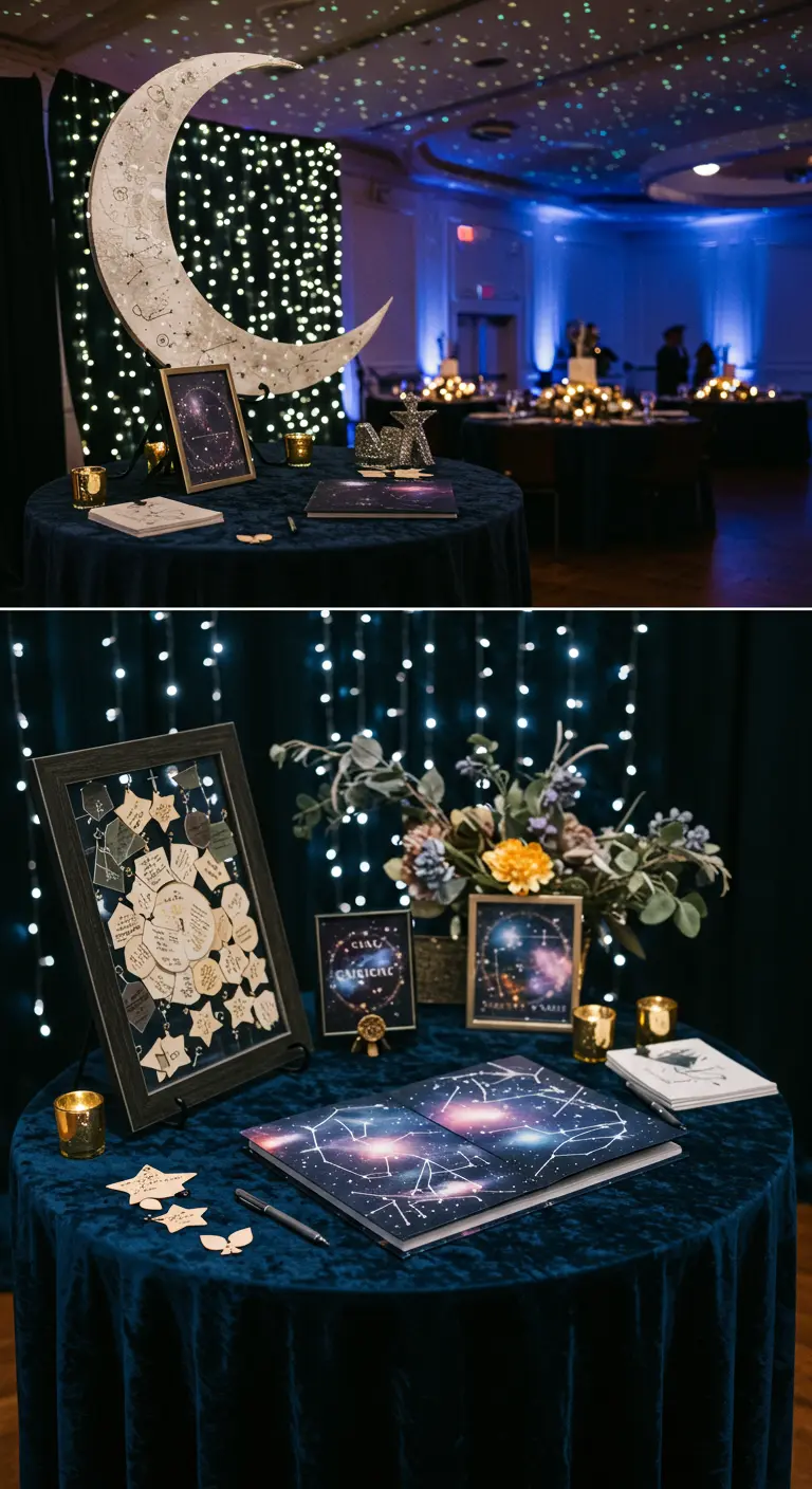 Gastenboekhoek met sterrenhemelthema, maan backdrop en donkerblauw fluweel.