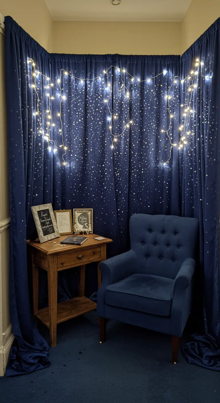 Donkerblauw fluwelen gordijn met lichtjes, een fauteuil en een klein tafeltje.