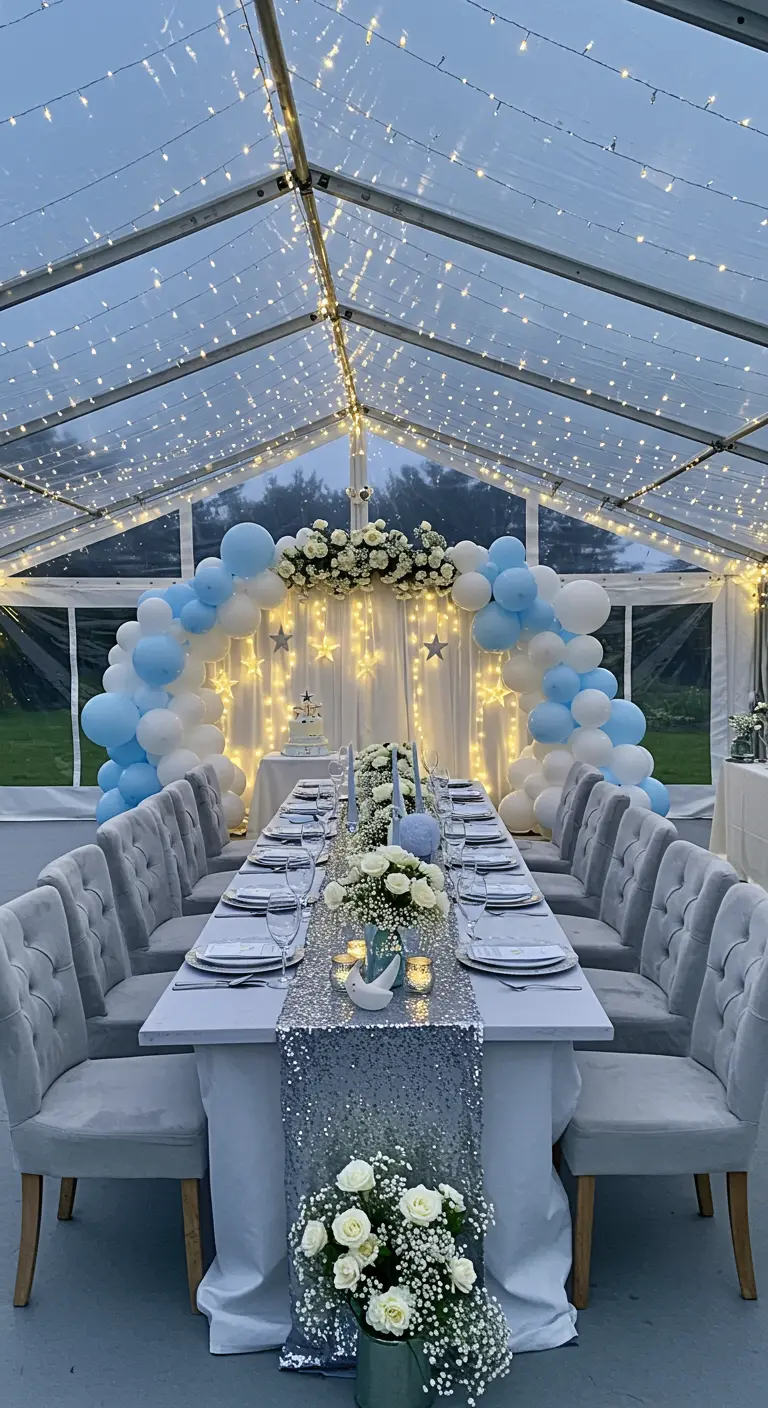 Lange, elegant gedekte babyshowertafel in tent met blauw-witte ballonnen en fairy lights.