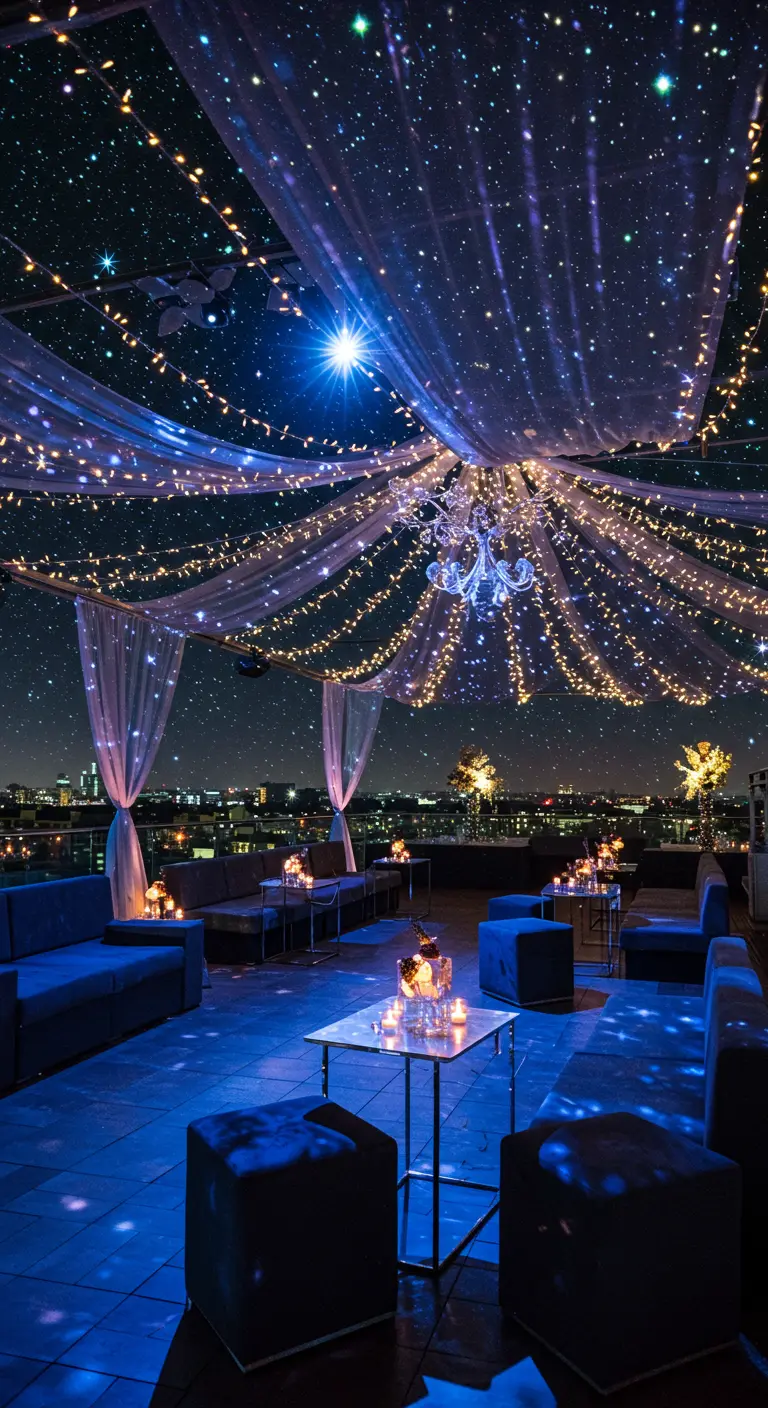 Rooftop party setting met lichtslingers en voile als sterrenhemel, loungebanken en kaarslicht.