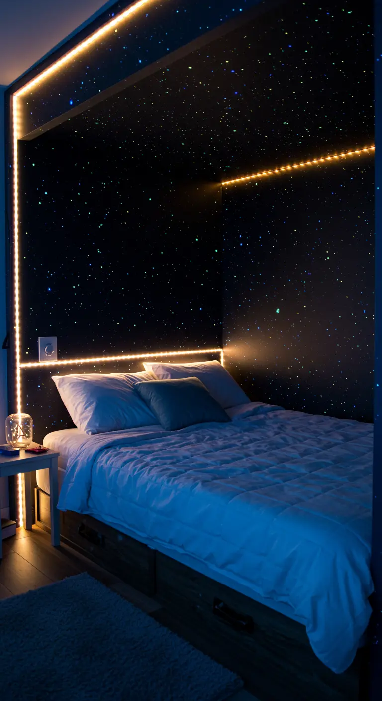 Slaapkamer met LED-verlichting langs de randen van het plafond en sterrenprojectie.