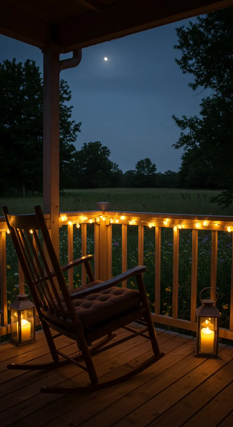 Houten schommelstoel op veranda met lichtjes en lantaarns bij maanlicht boven een bloemenveld.