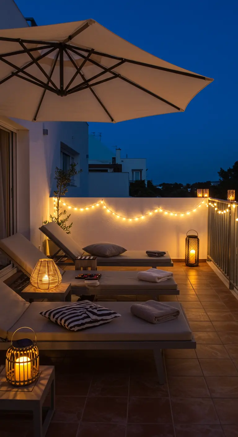 Balkon 's avonds met ligbedden, lichtslinger en rotan lantaarns.