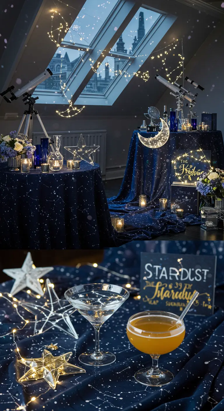 Donkerblauwe thematafel met sterren, manen, lichtjes en cocktails.