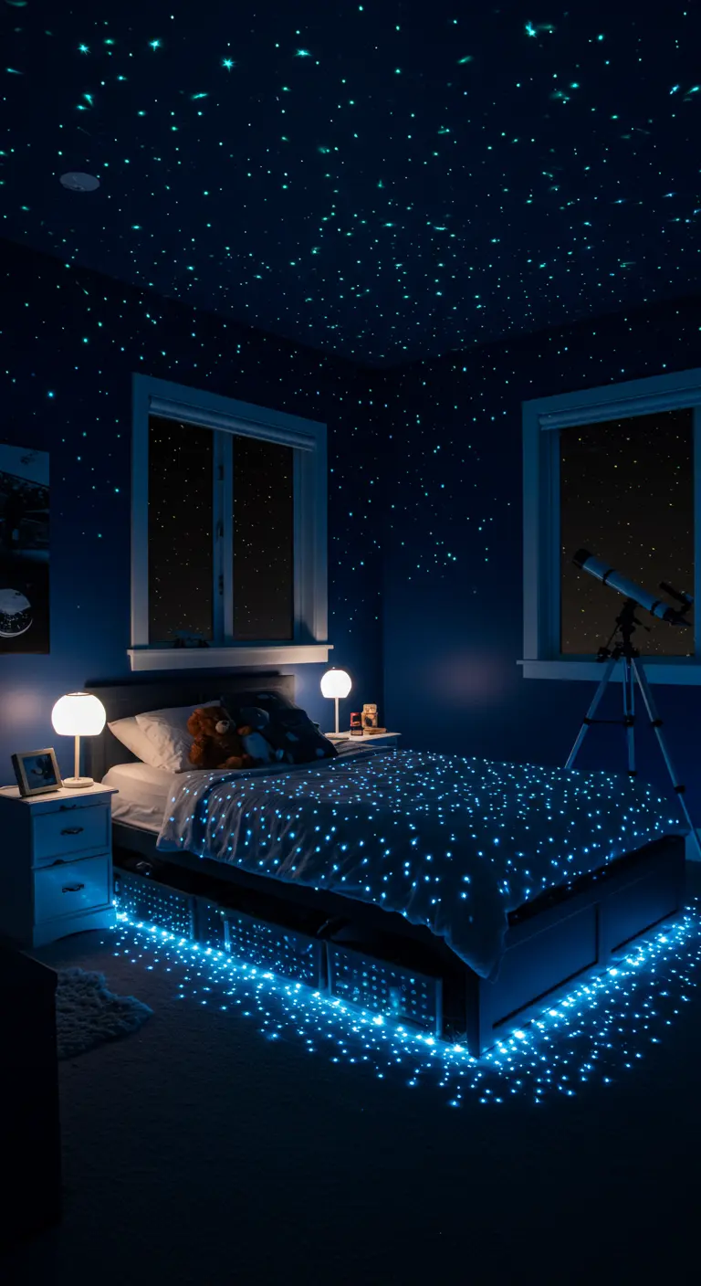 Donkere slaapkamer met een bed waaronder talloze kleine blauwe lichtjes als een sterrenhemel schijnen.