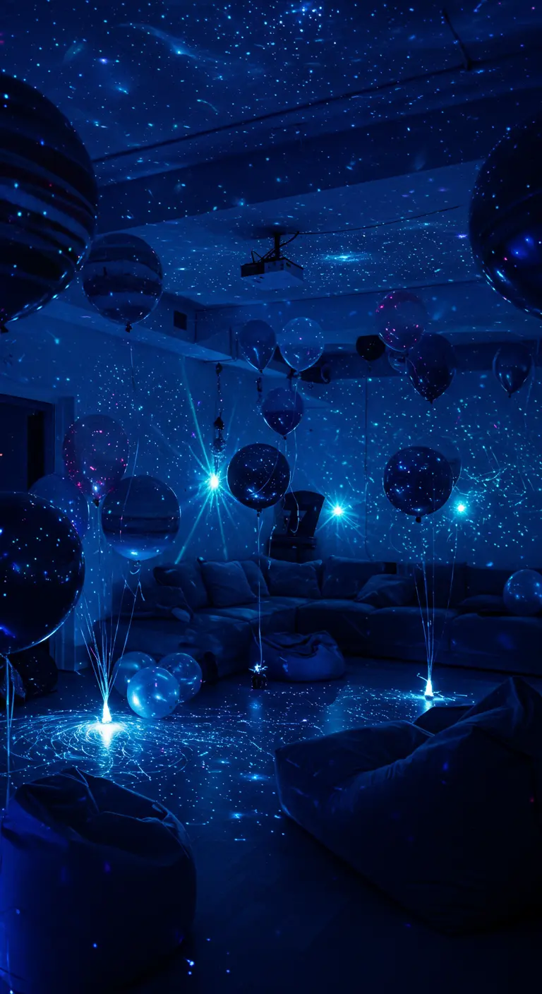 Diepblauwe kamer met ballonnen, bezaaid met sterrenprojectie en gloeiende bollen op de vloer.