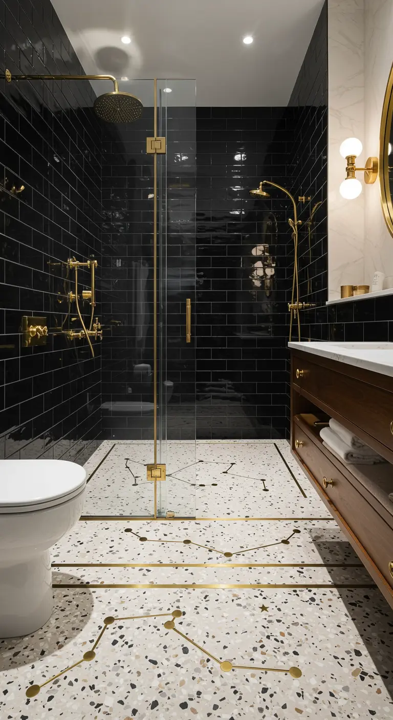 Witte terrazzovloer met ingelegde gouden lijnen die sterrenbeelden vormen, zwarte wandtegels.