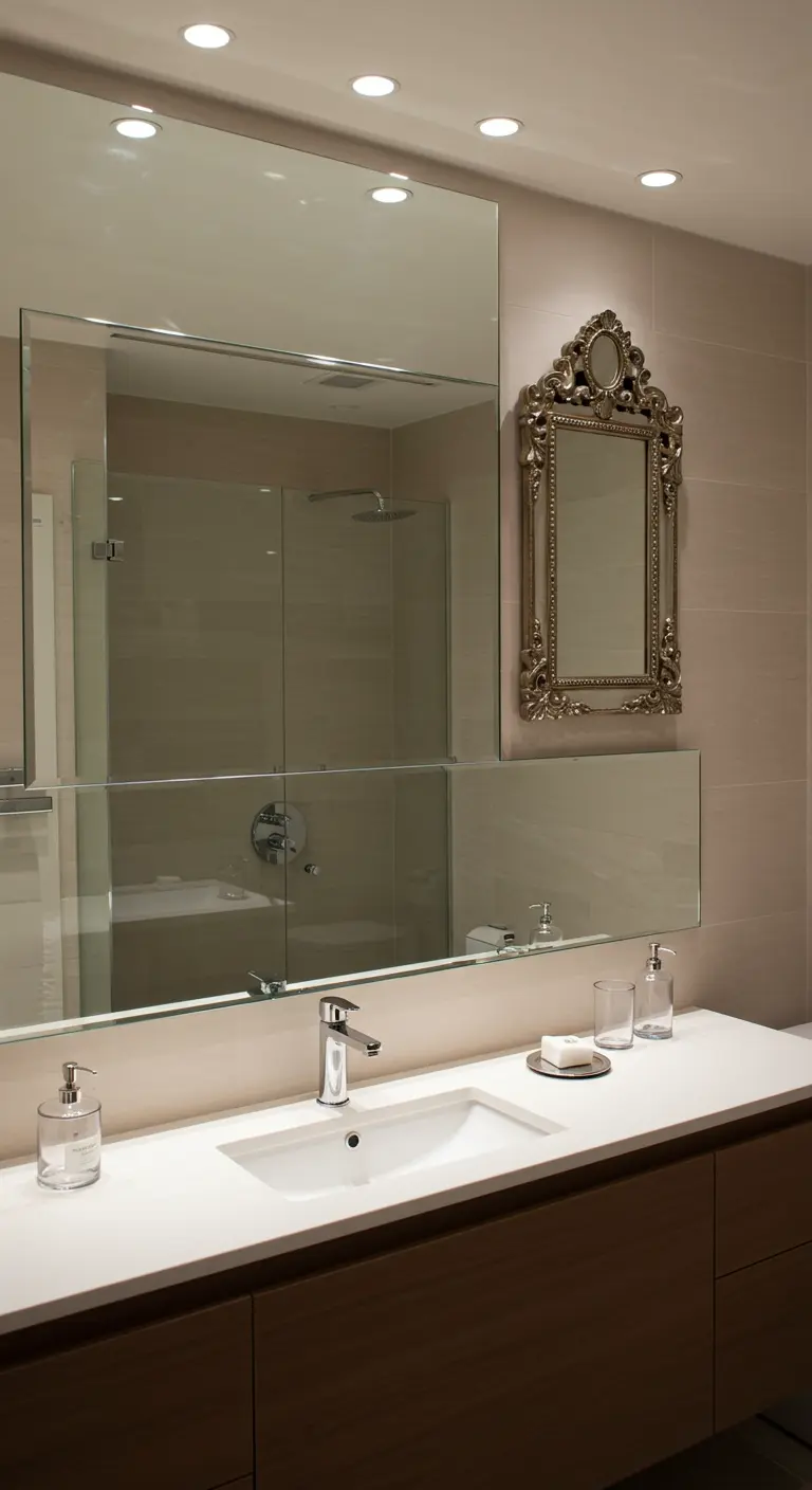 Moderne badkamer met grote functionele spiegel en kleine sierlijke spiegel.