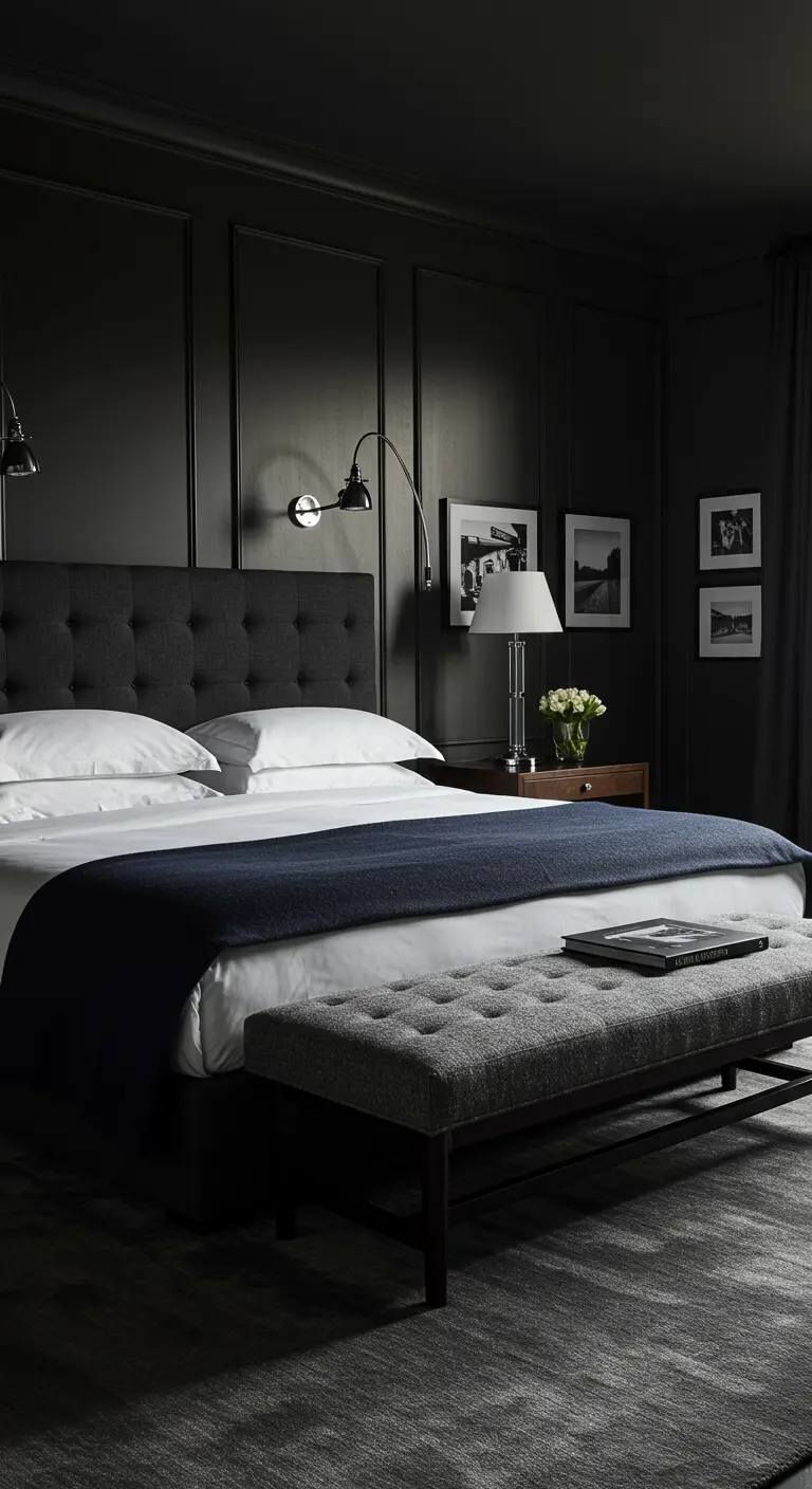Donkere, elegante slaapkamer met een grijs gecapitonneerd bed en bijpassend bankje.