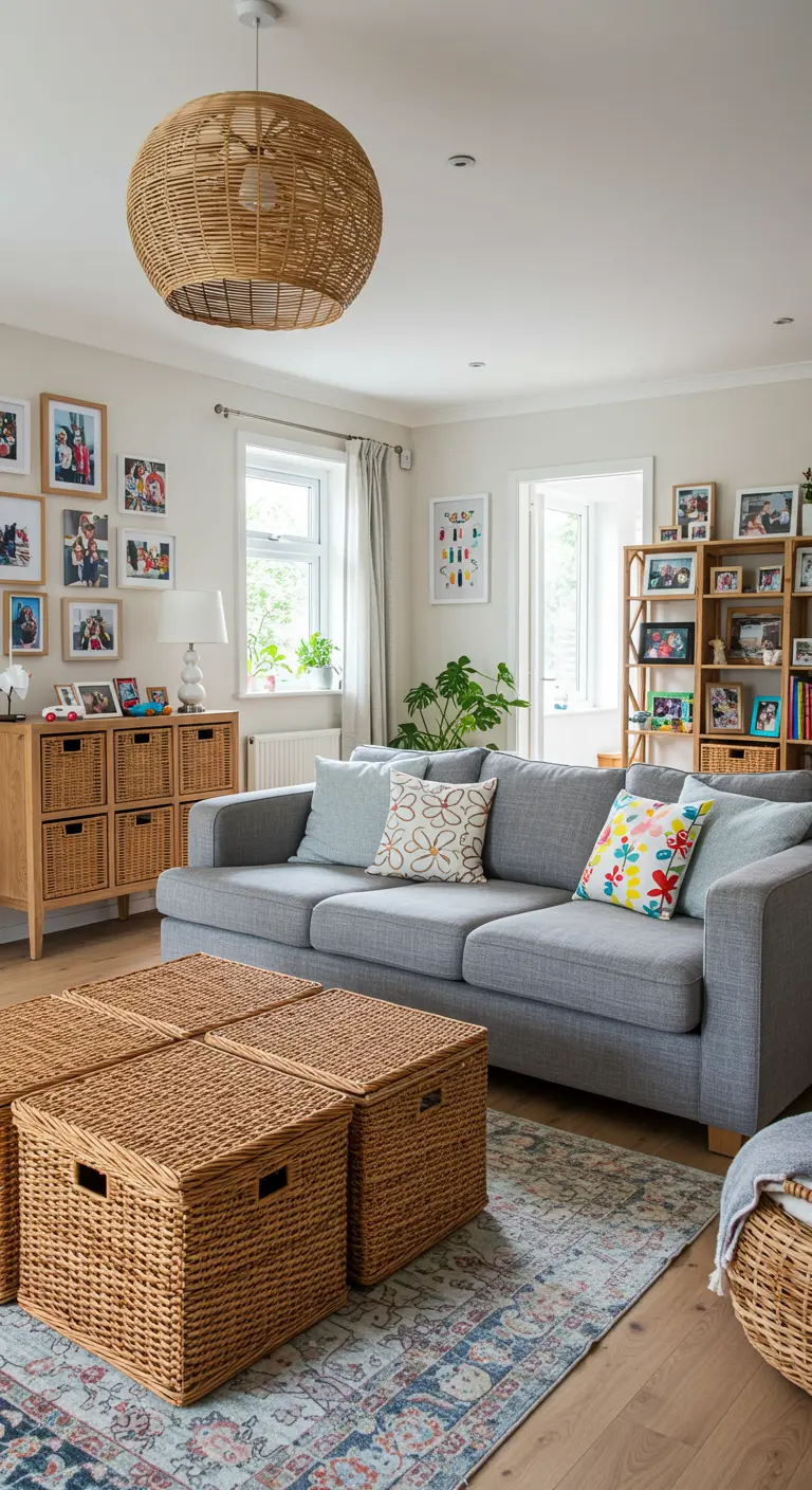 Familievriendelijke woonkamer met een grijze bank en vier rotan opbergkisten als salontafel.
