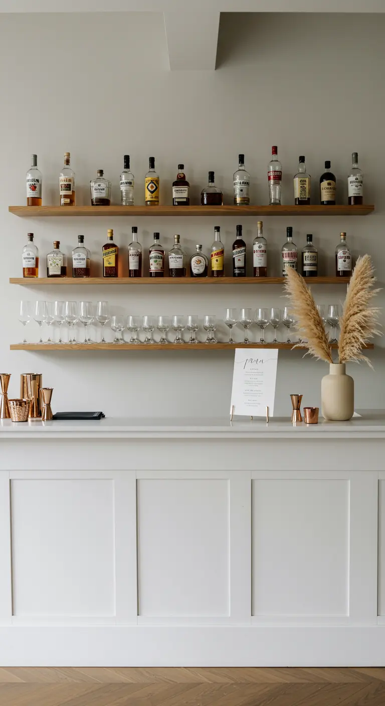 Minimalistische bar met houten planken, drankflessen, glazen en pampasgras.