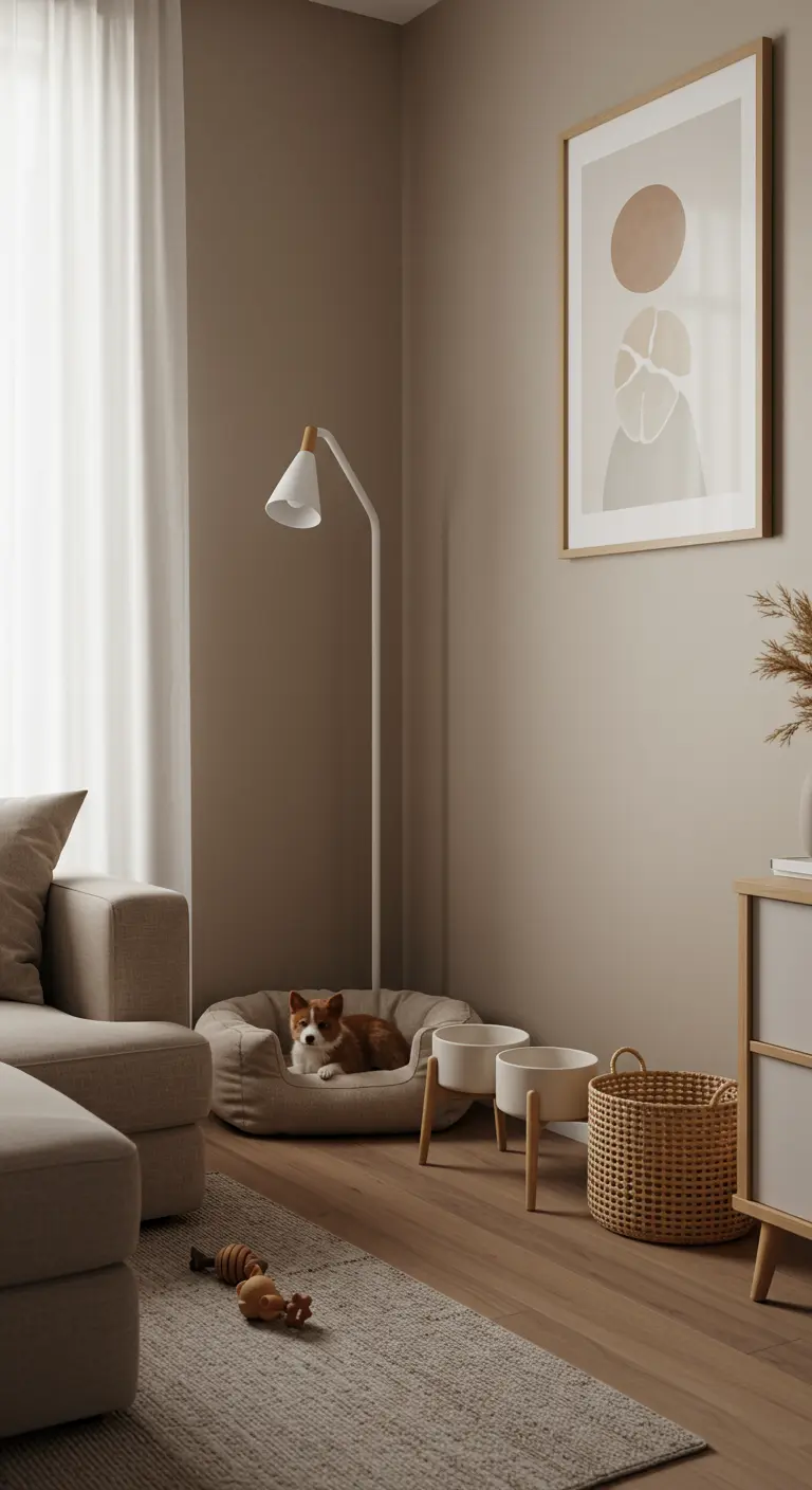 Stijlvolle dierenhoek met een comfortabele hondenmand, design voerbakken en een rieten mand voor speelgoed.