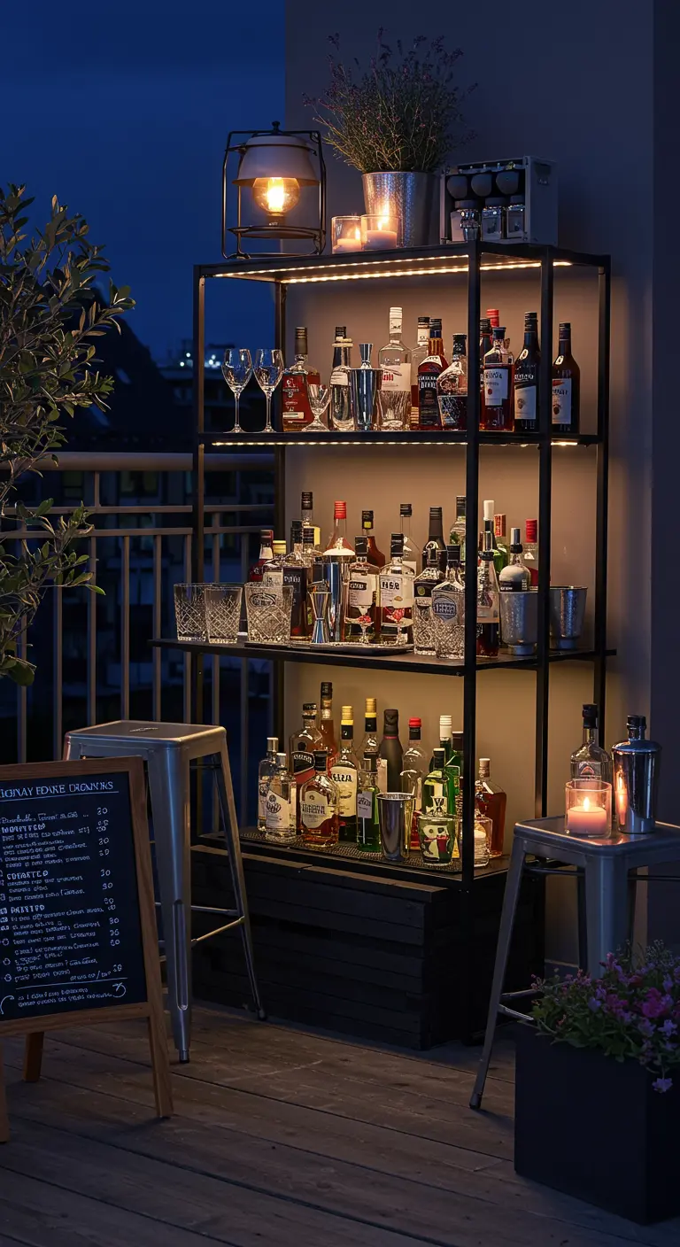 Buitenbar op balkon met stellingkast, verlichte flessen, glazen en barkrukken.