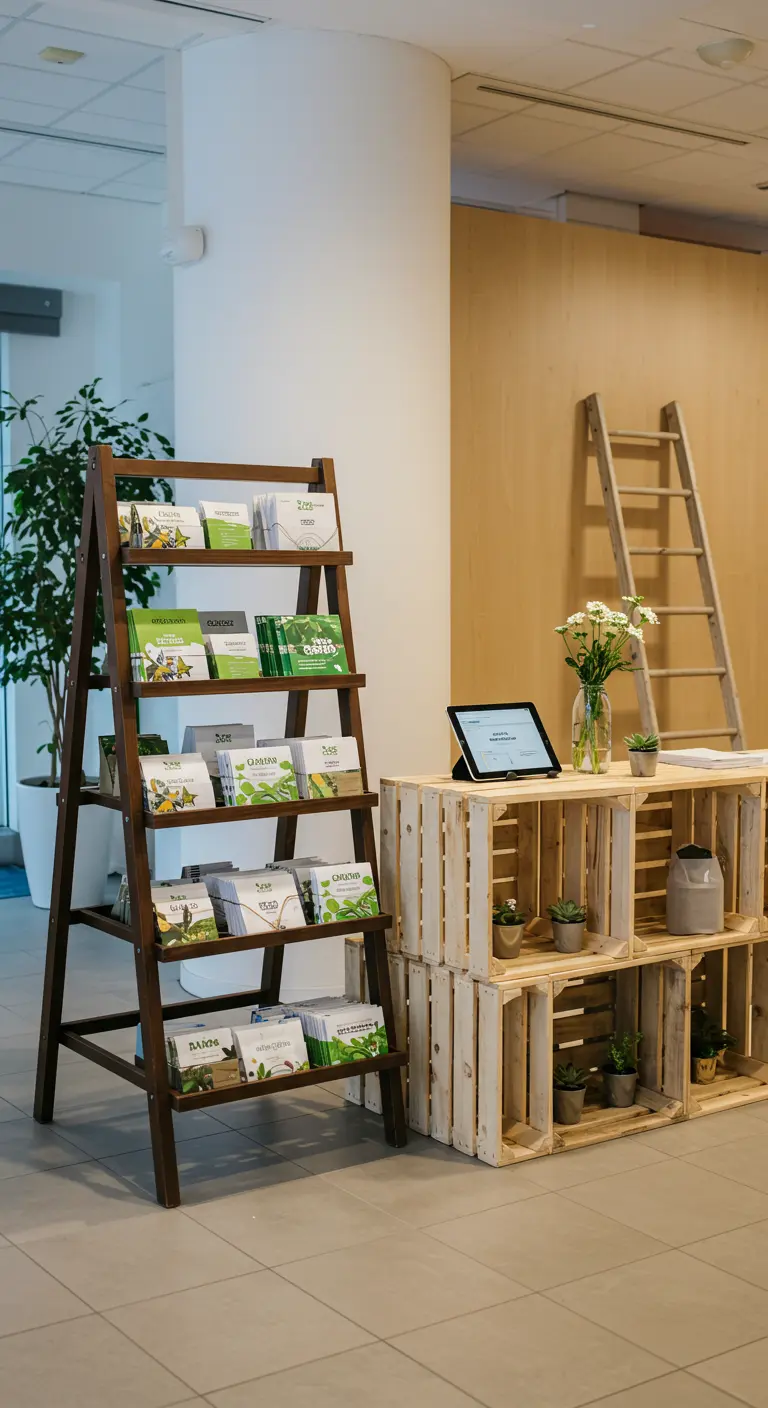 Moderne display met een houten ladder-rek voor folders en gestapelde lichte kratten met plantjes.