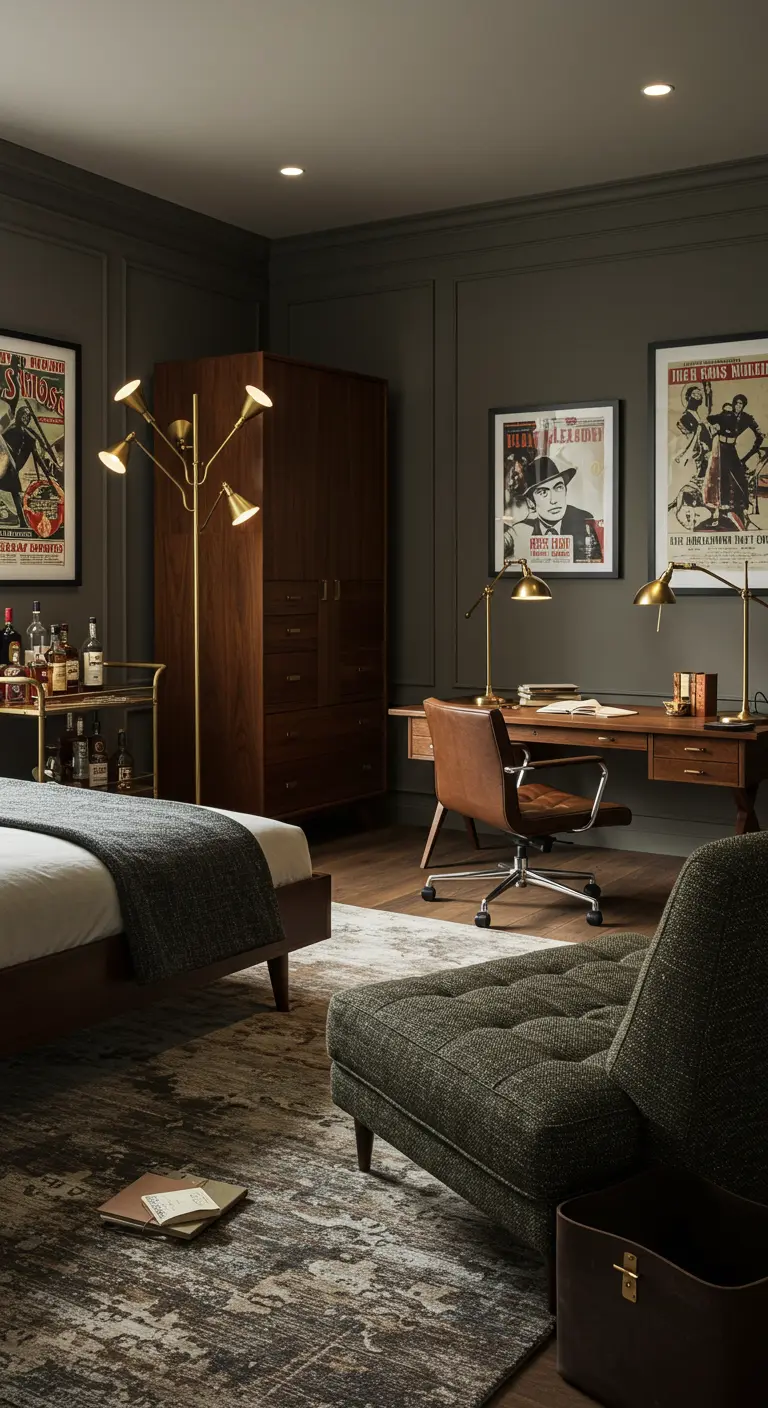 Donkere, stijlvolle slaapkamer met houten meubels, leren stoel, posters en gouden accenten.