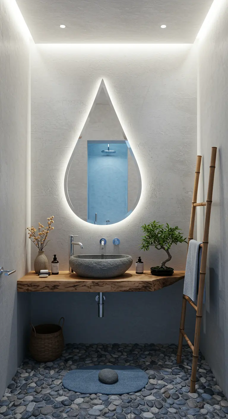 Zen badkamer met een druppelvormige spiegel met LED-verlichting boven een houten plank.