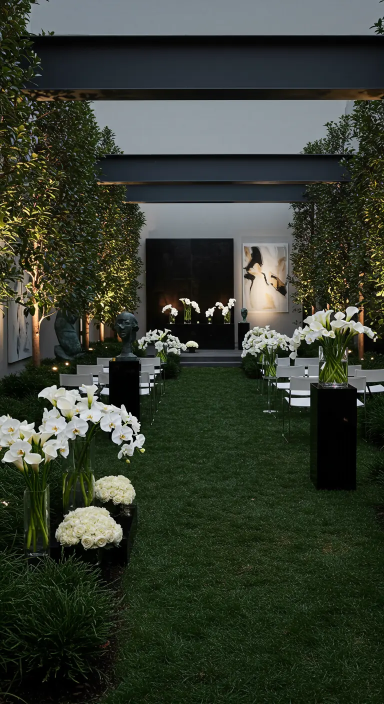 Minimalistische tuin ceremonie met witte stoelen en aronskelken in een moderne tuin.