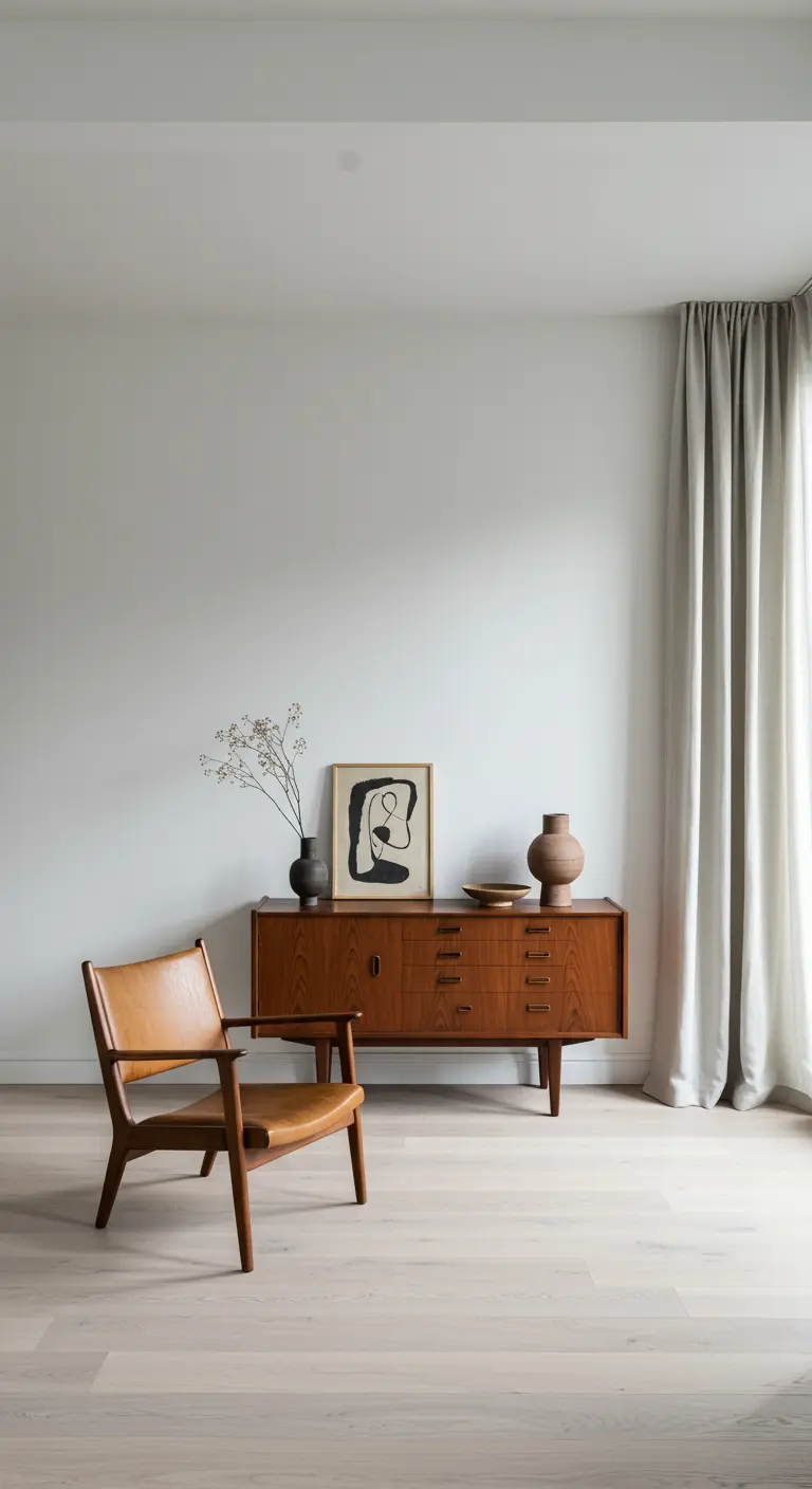 Minimalistische woonkamer met teakhouten dressoir, leren fauteuil en abstract kunstwerk.