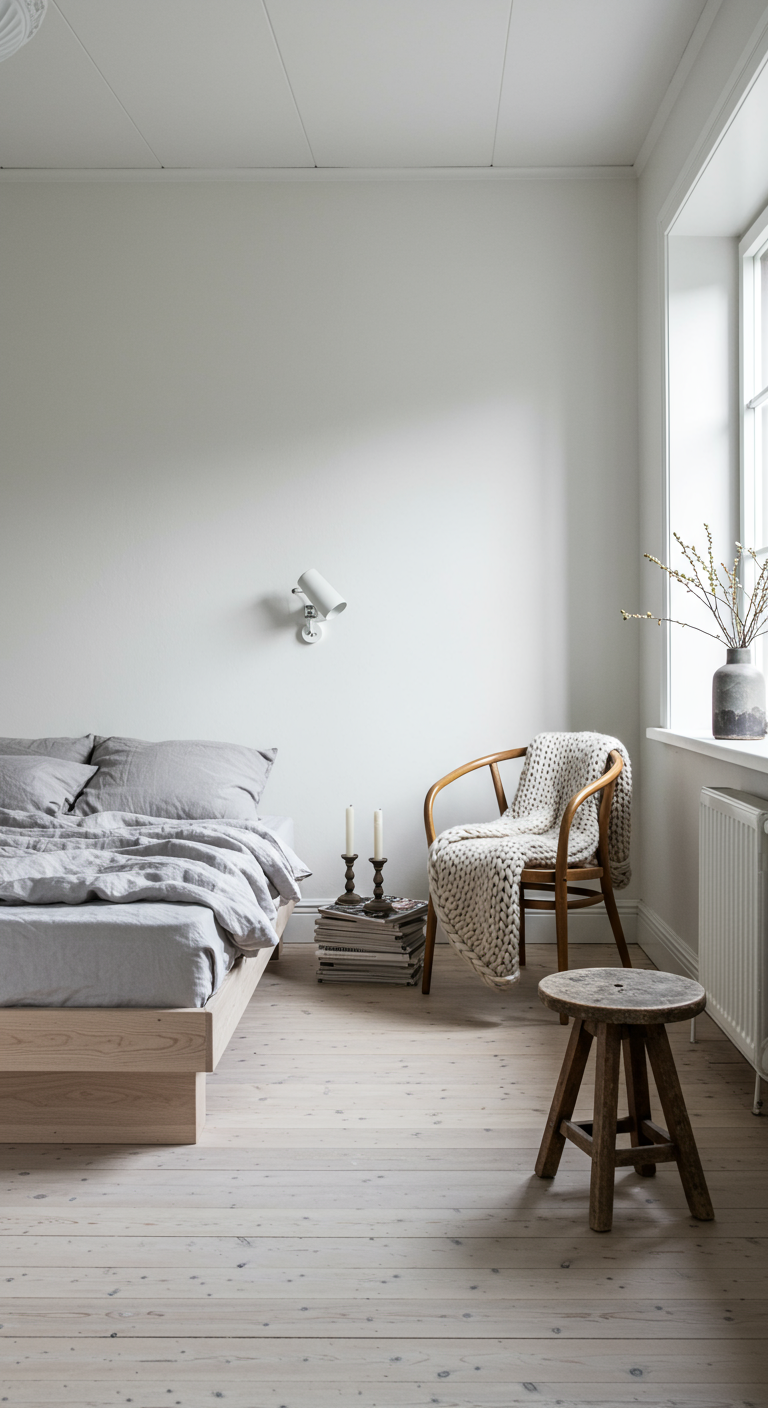 Minimalistische slaapkamerhoek met houten stoel als nachtkastje en gebreid plaid.