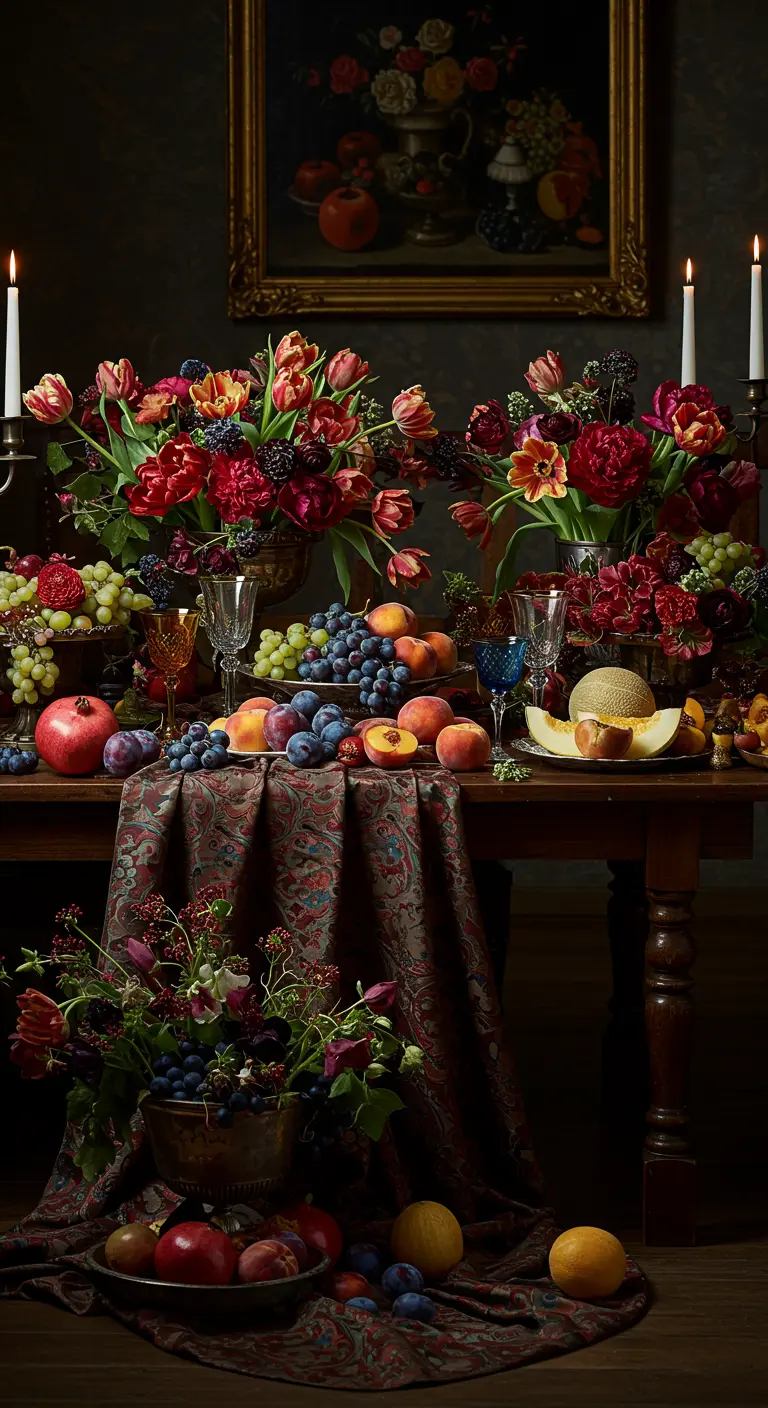 Donkere, overdadige tafelsetting met bloemen en veel fruit, als een stilleven.