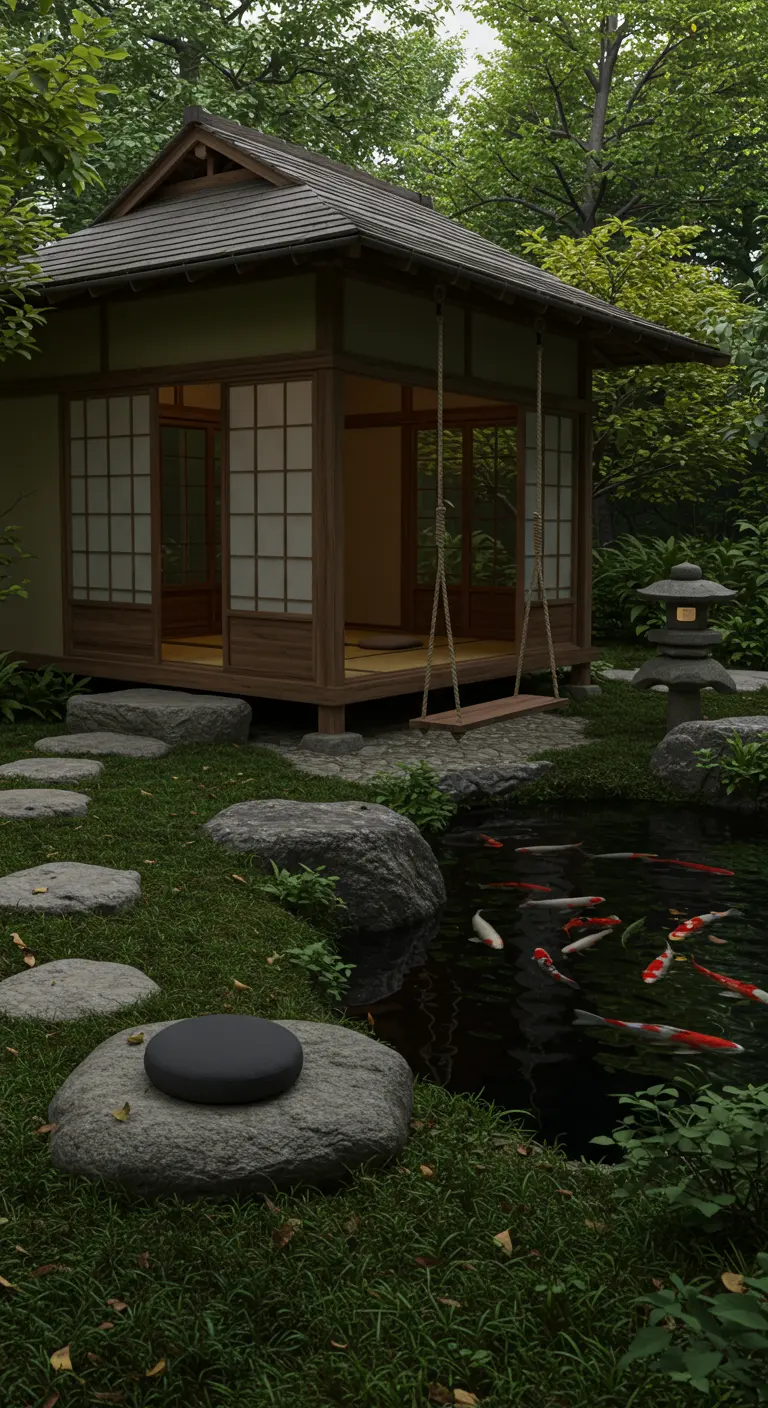 Houten schommel bij Japans theehuis met uitzicht op vijver met koikarpers.