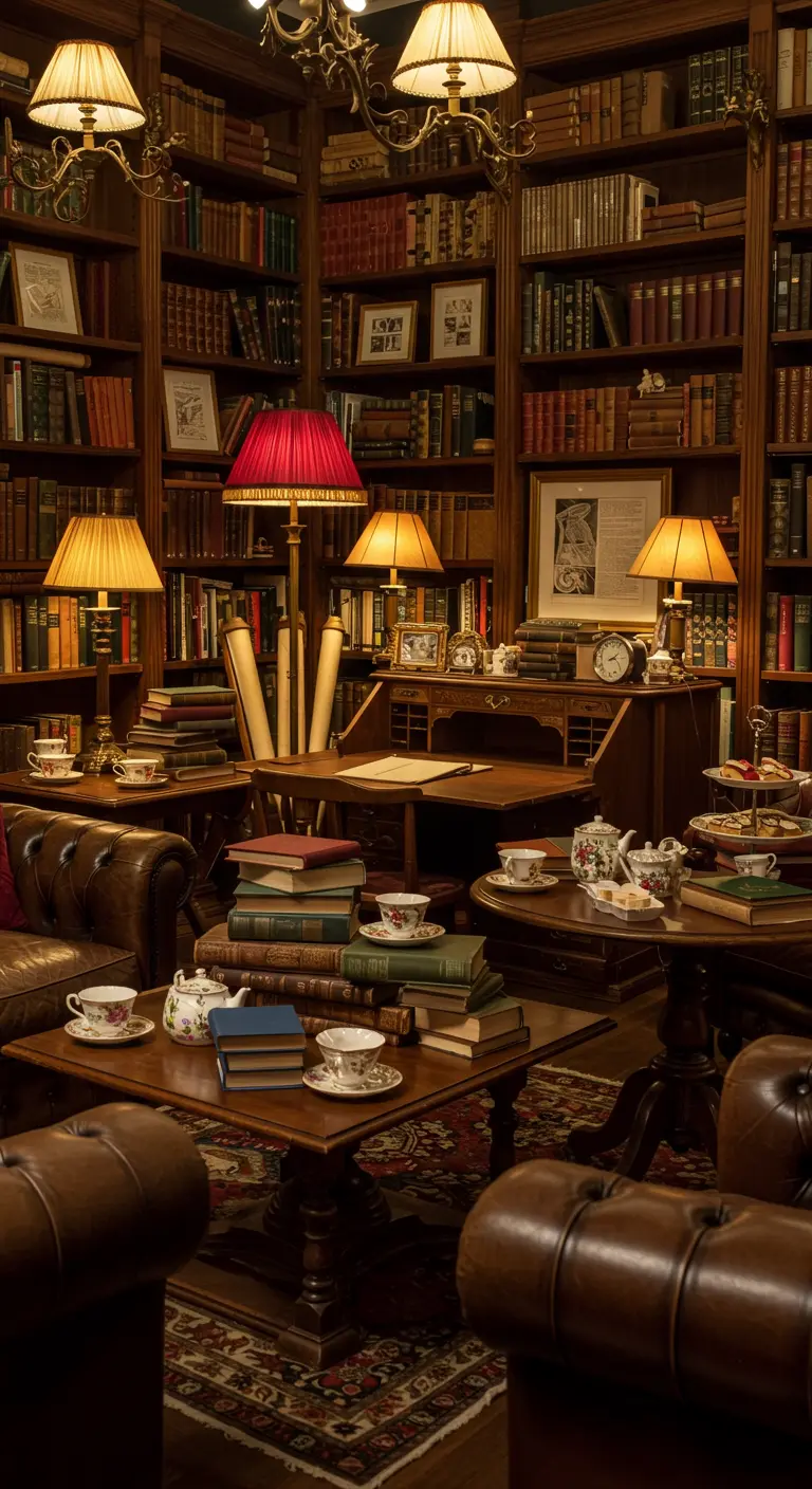Verjaardagsfeest in knusse vintage bibliotheeksetting met boeken en lampen.