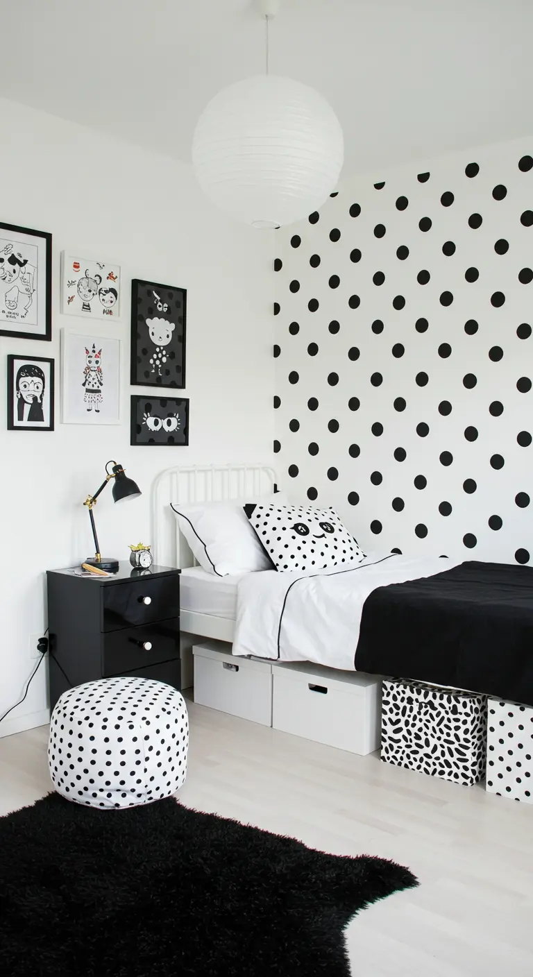 Kinderkamer met zwart-wit stippenmuur, wit bed en speelse accessoires.
