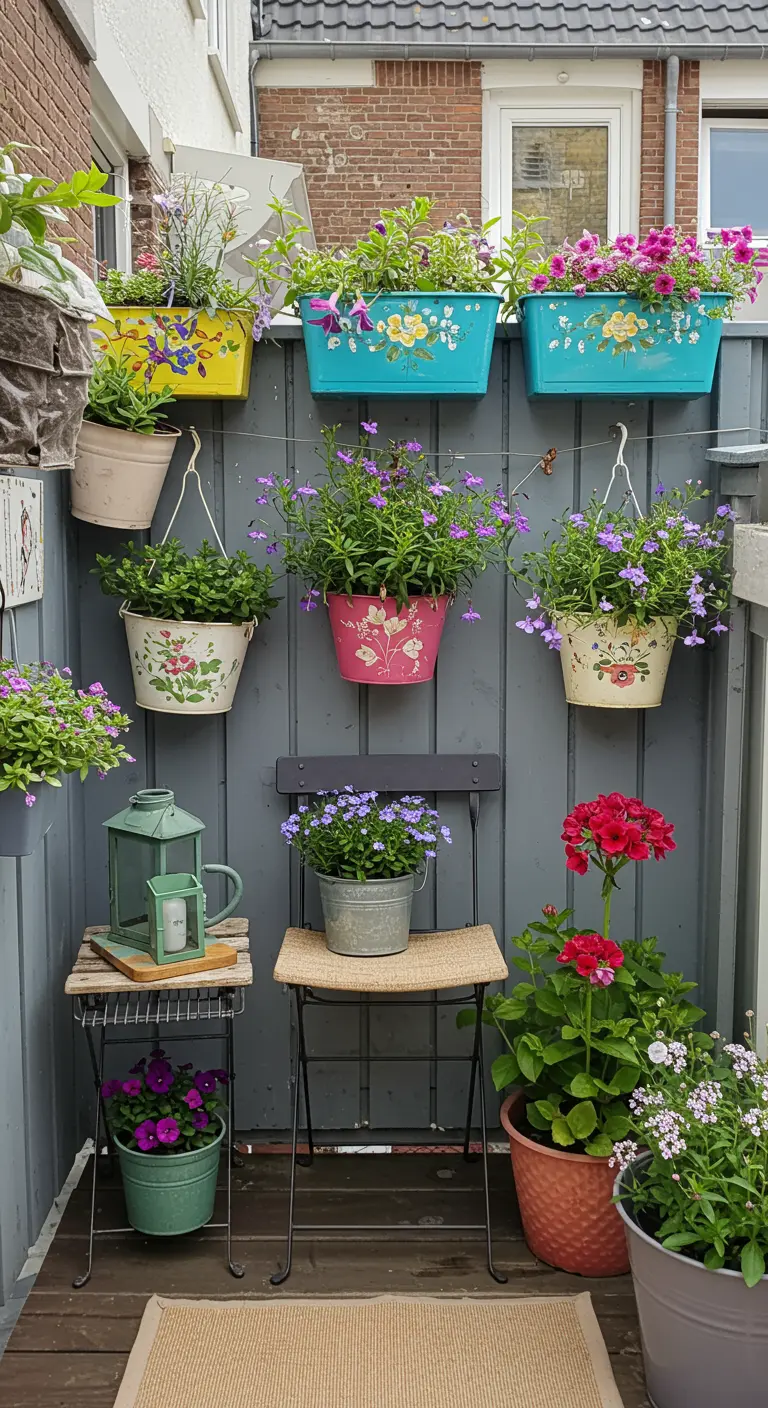 Oude klapstoel op balkon met diverse kleurrijke bloempotten erop en eromheen tegen een grijze schutting.