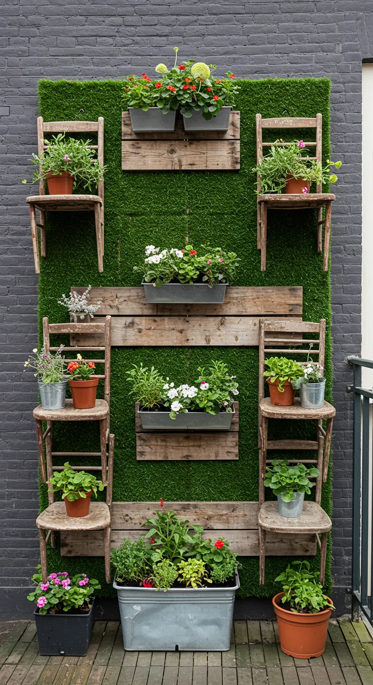 Houten stoelzittingen als plankjes voor planten, gemonteerd op een wand met kunstgras.