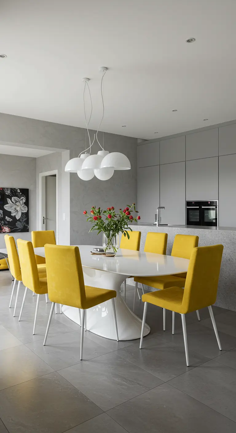 Moderne eethoek met witte ovale tafel en zes felgele eetkamerstoelen.