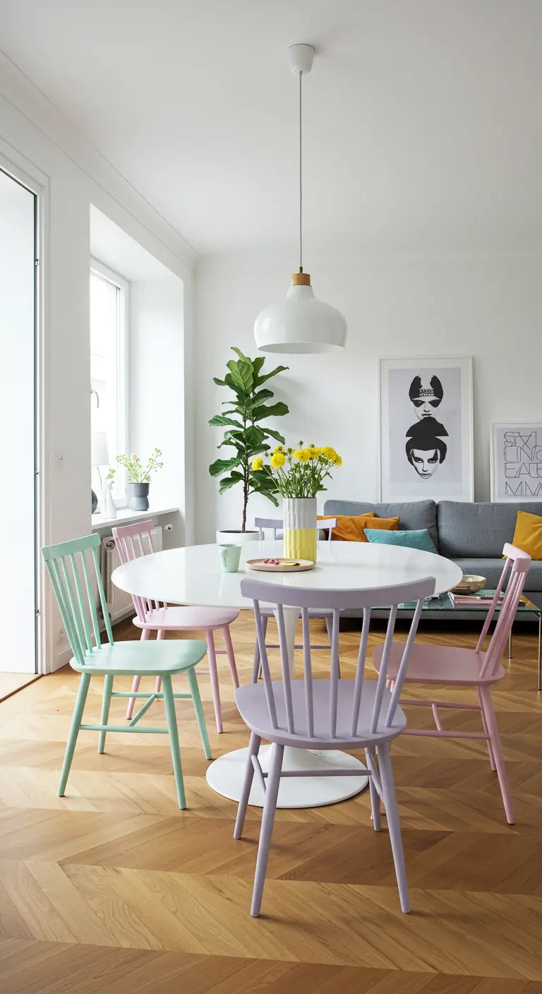Eethoek met witte tafel en vier pastelkleurige spijlenstoelen.
