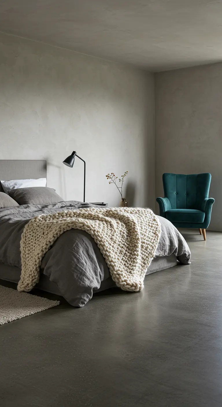Minimalistische slaapkamer met betonlook muren en een grof gebreid wit deken.