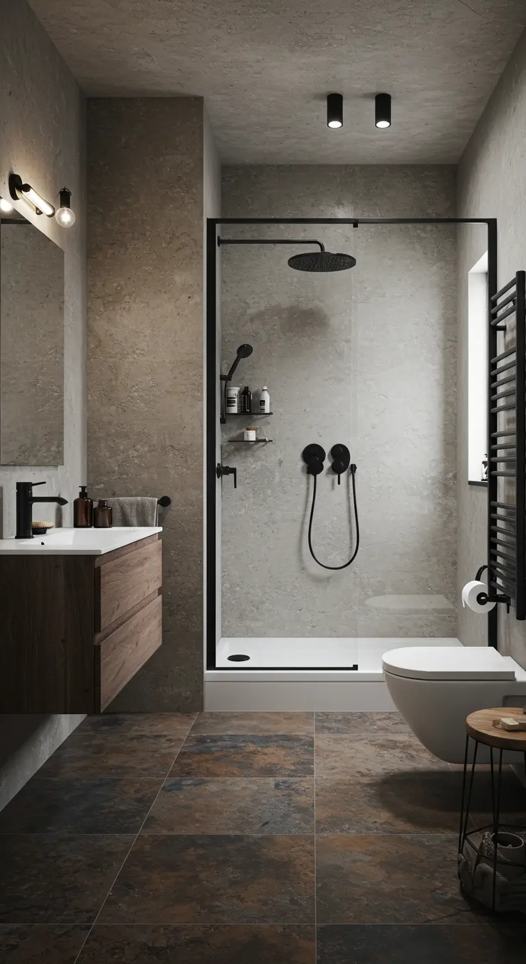 Industriële badkamer met donkere betonlook tegels en zwarte douche-elementen.