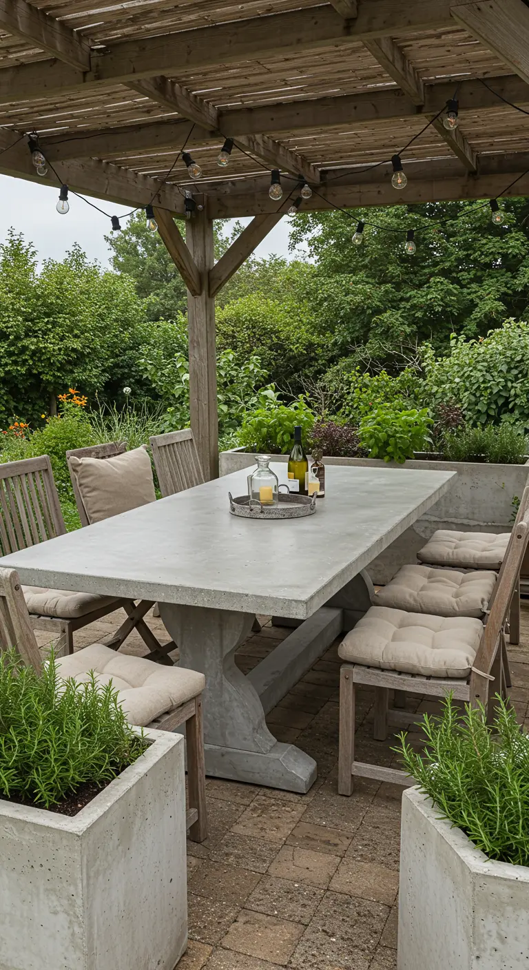 Grote betonnen eettafel onder pergola met houten stoelen en betonnen plantenbakken.