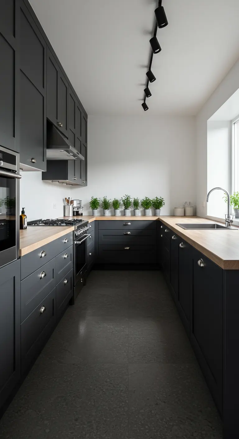 Donkere Scandinavische U-keuken met houten blad en spotverlichting.