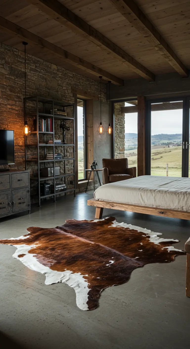 Rustieke slaapkamer met een bruin-witte koeienhuid als vloerkleed.