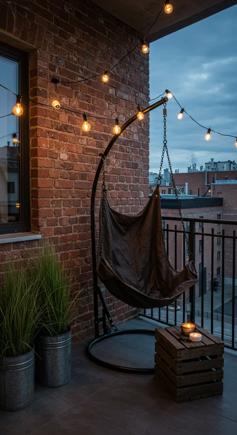 Industrieel balkon met donkere leren hangstoel, bakstenen muur en lichtslinger.
