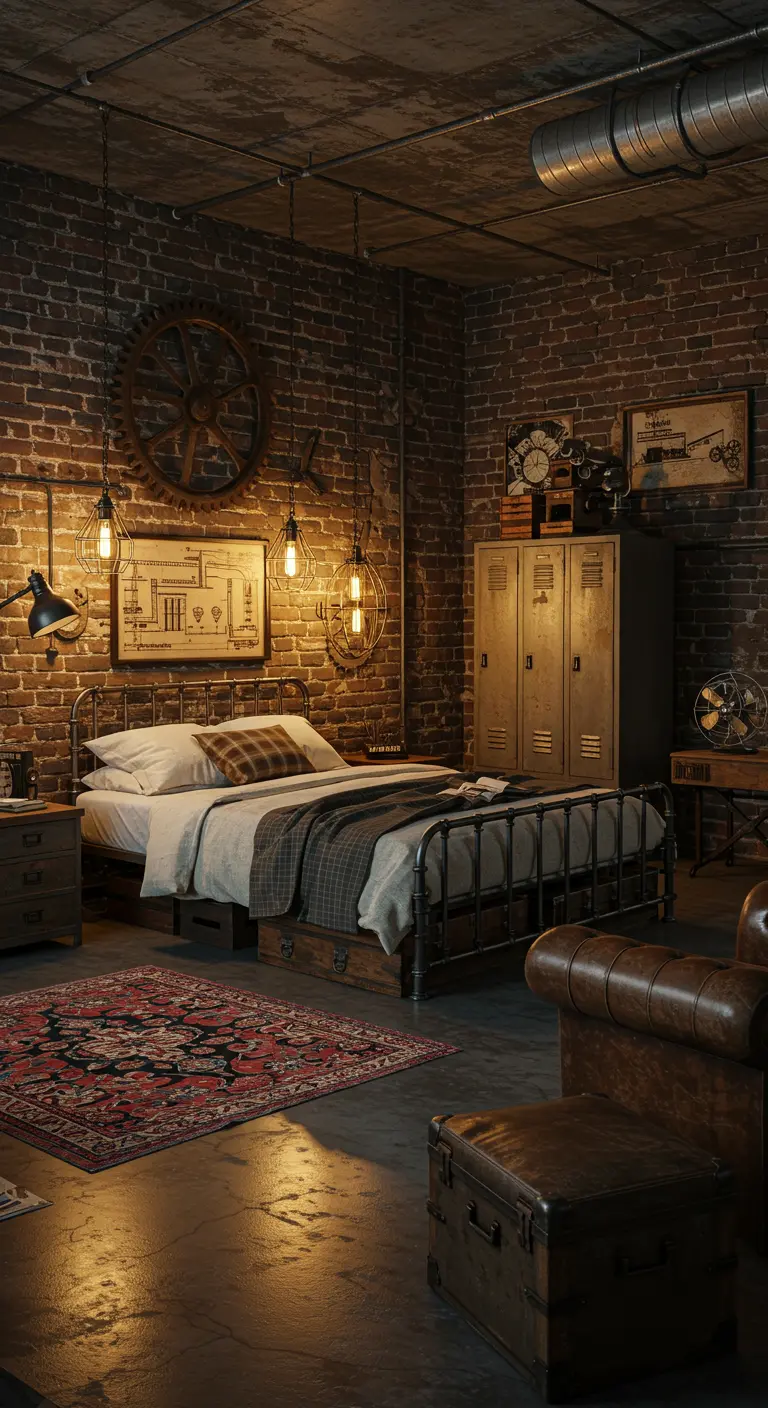 Industriële slaapkamer met bakstenen muren, metalen bed, vintage koffers en sfeerlicht.
