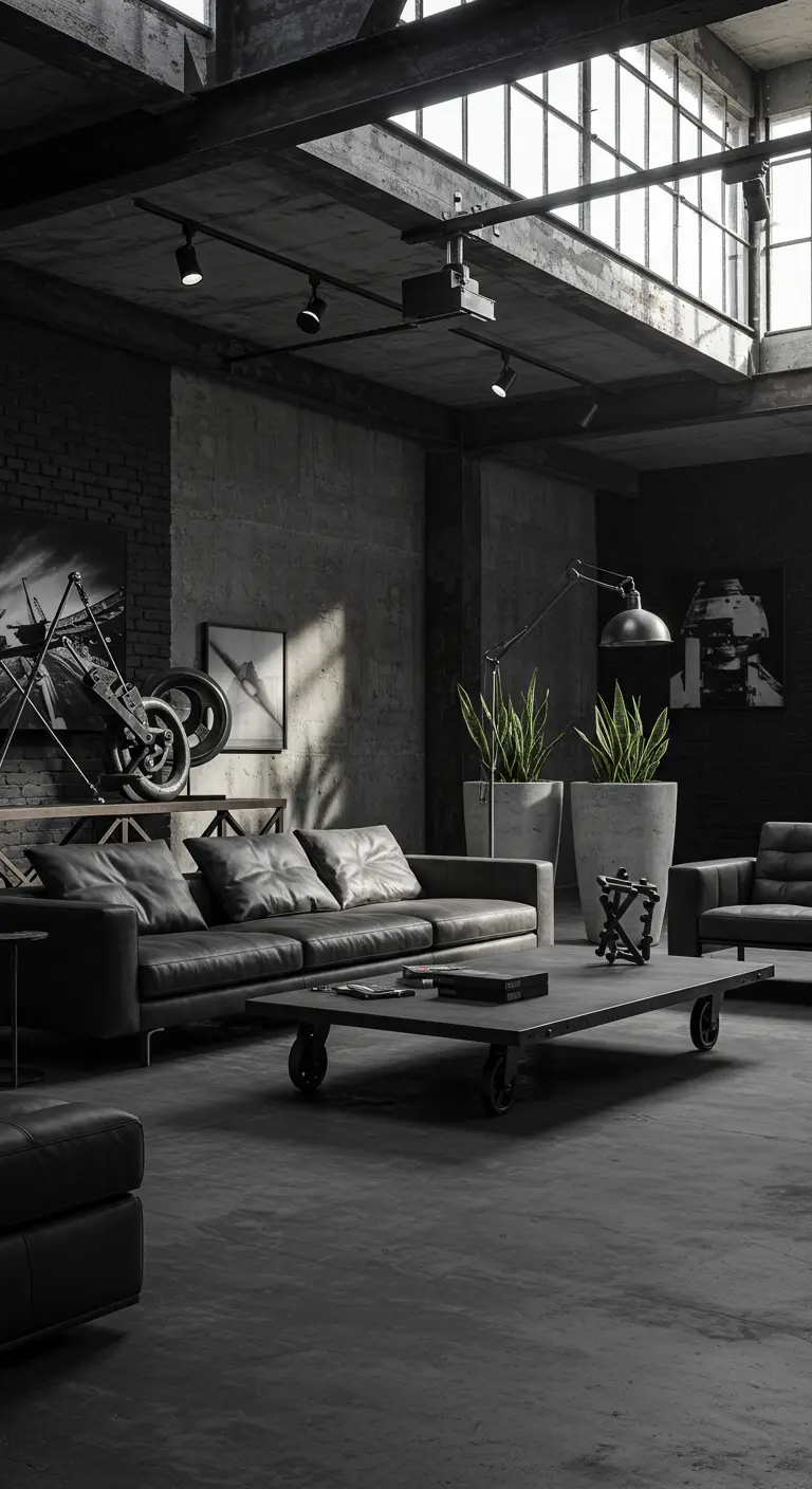 Industriële woonkamer in antraciet met leren banken, grote planten en een salontafel op wielen.