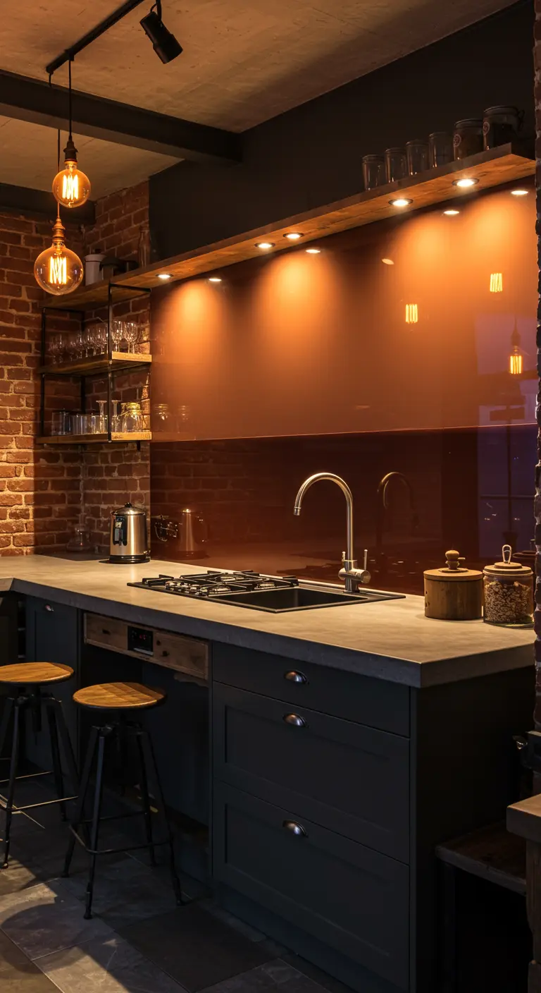 Industriële keuken met donkerrode glazen achterwand, bakstenen muur en Edison-lampen.