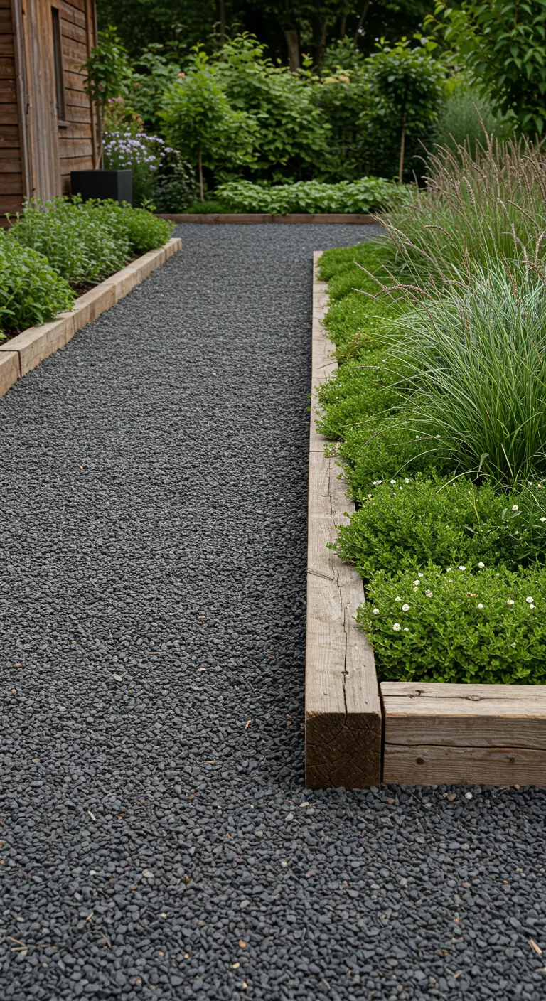 Donkergrijs grindpad met brede houten balk als borderrand en groene beplanting.