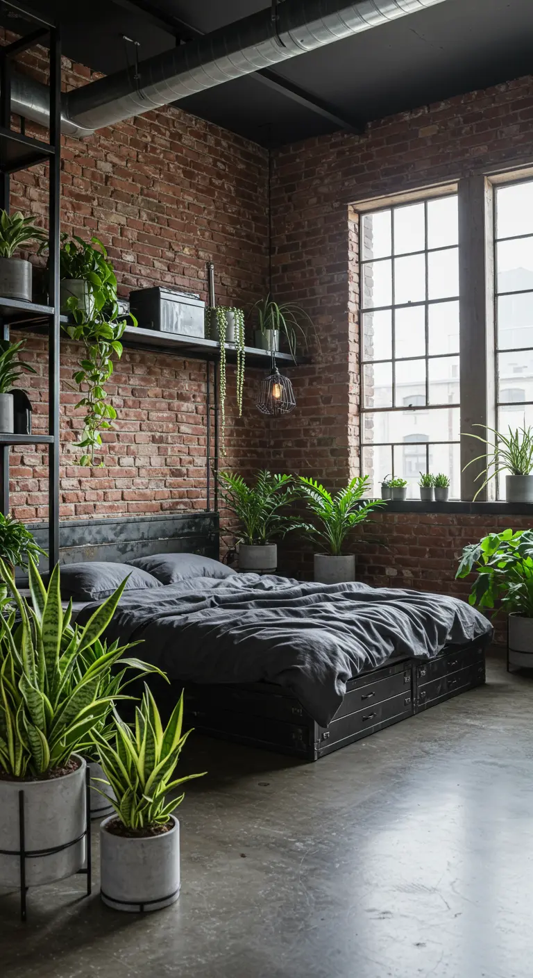 Industriële slaapkamer met bakstenen muur, metalen rekken en diverse groene planten.