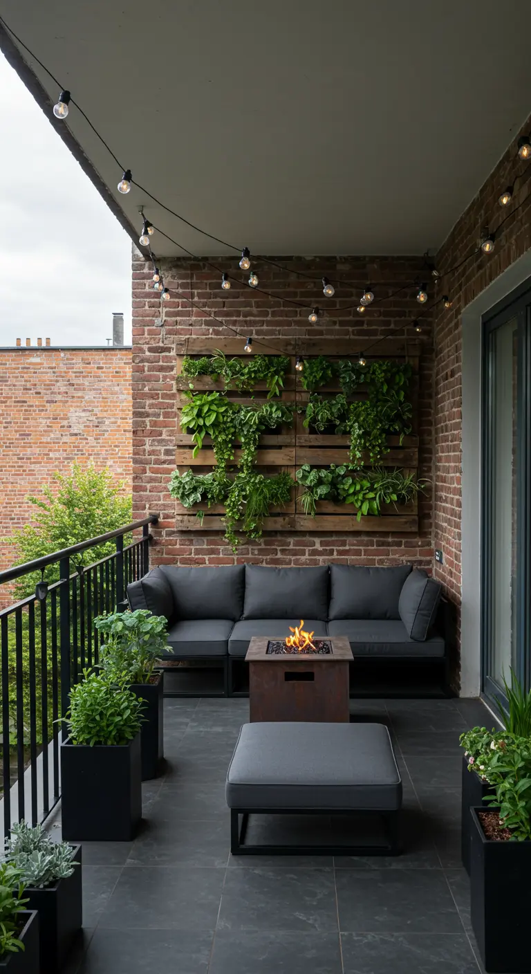 Balkon met bakstenen muur, houten plantenbakken, een stijlvolle vuurkorf en een donkere loungeset.