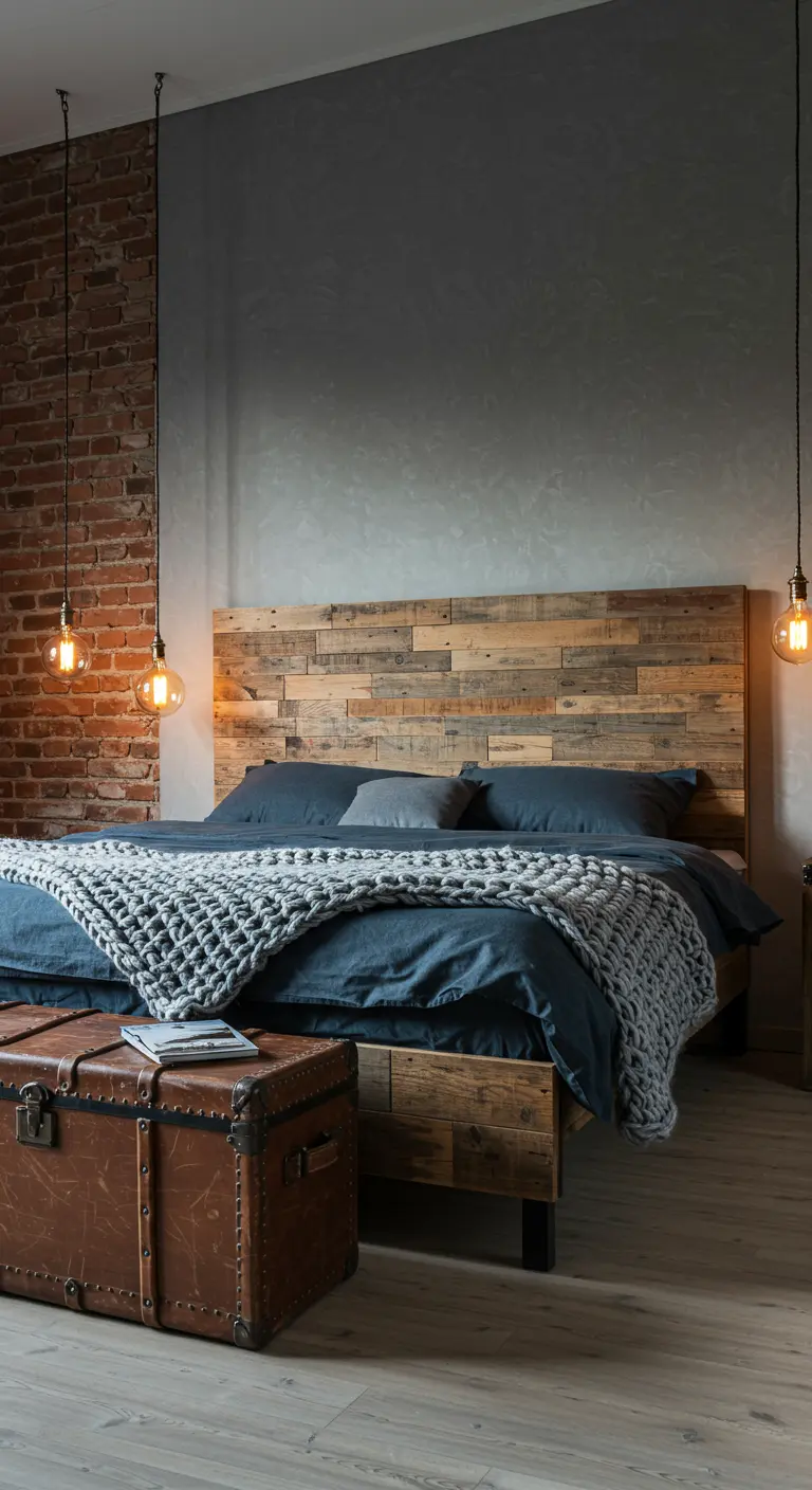 Bedframe van hergebruikt hout met een stoere, industriële uitstraling en Edison-lampen.