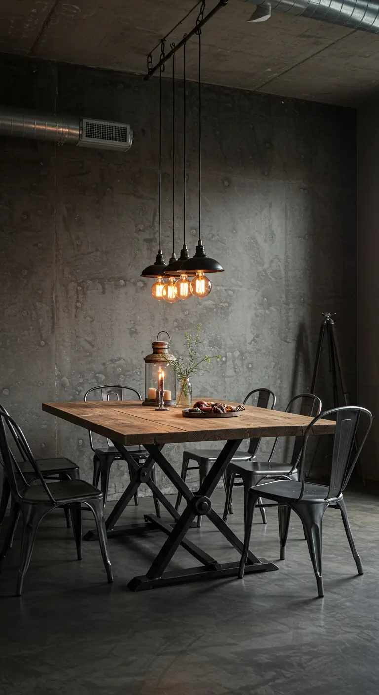 Industriële eetkamer met betonlook wandpanelen, houten tafel en metalen stoelen.