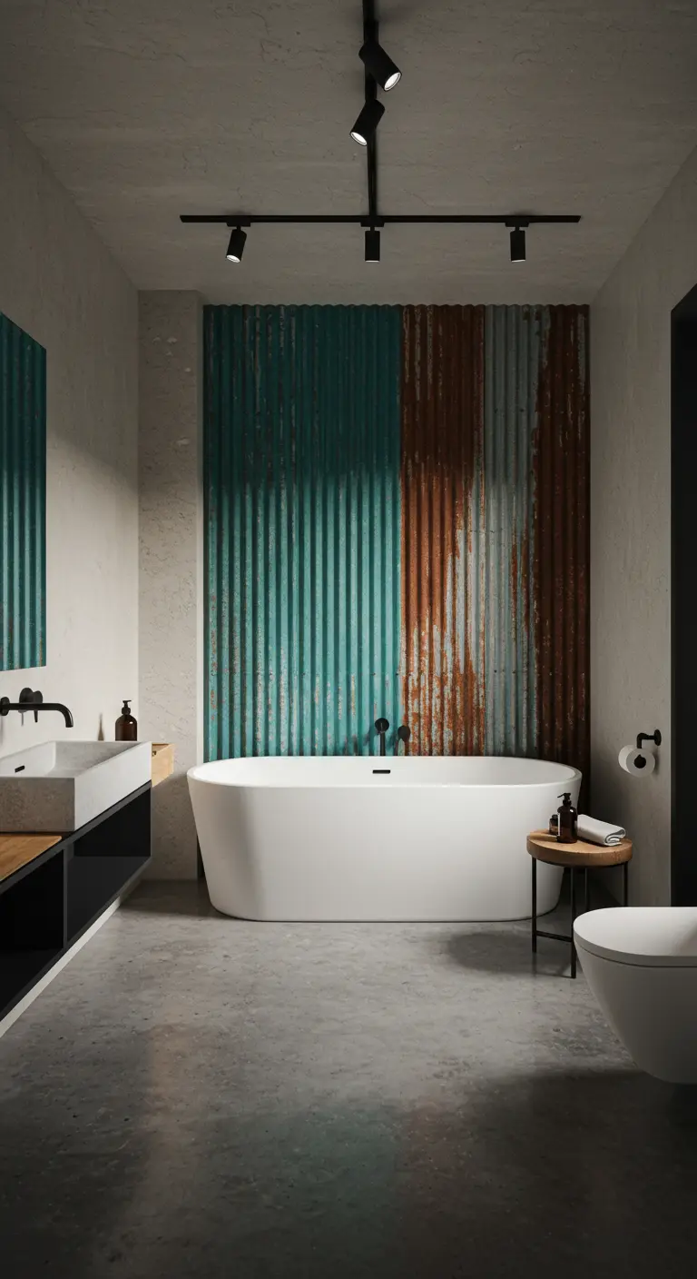 Industriële badkamer met een accentmuur van verweerde golfplaten achter een wit bad.