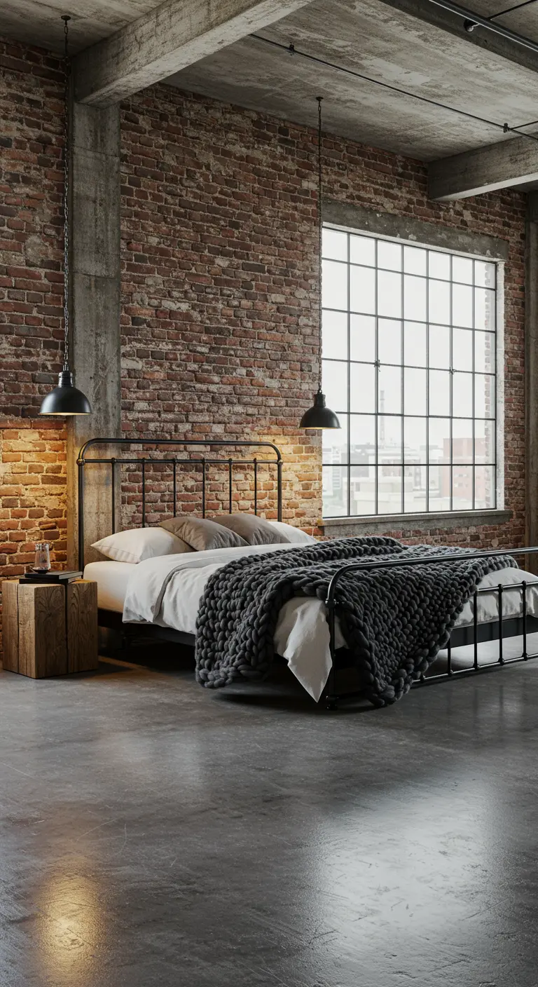 Industriële slaapkamer met bakstenen muur, metalen bed en grof gebreid deken.